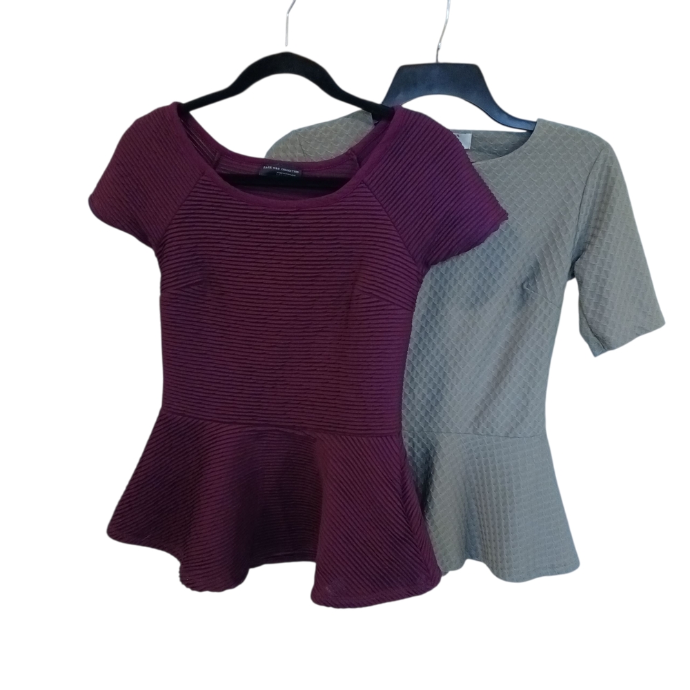Zara Bundle 2 Elegant Burgundy and Gray Peplum Tops Small Short Sleeve Textured
